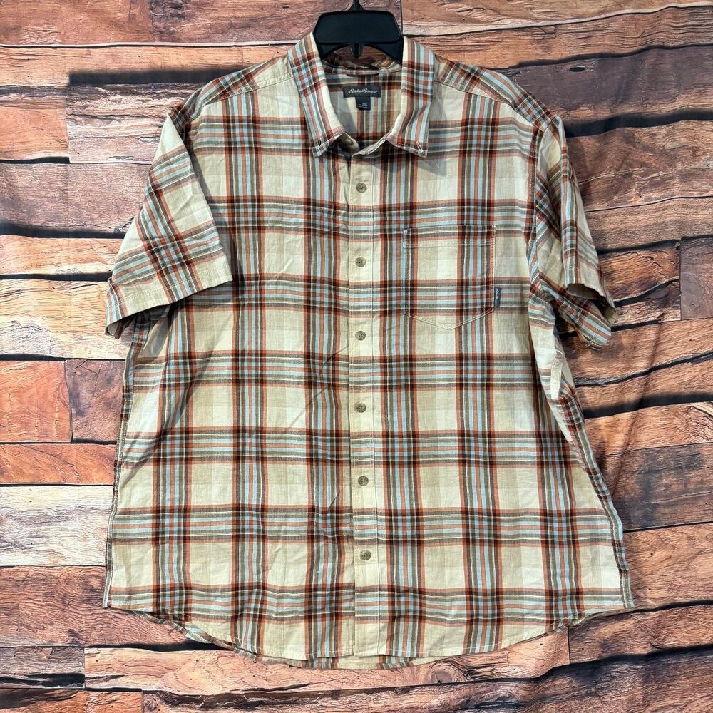 Eddie Bauer Men's Casual Button-Down Shirt Tan Blue Orange Plaid 2XL Cotton